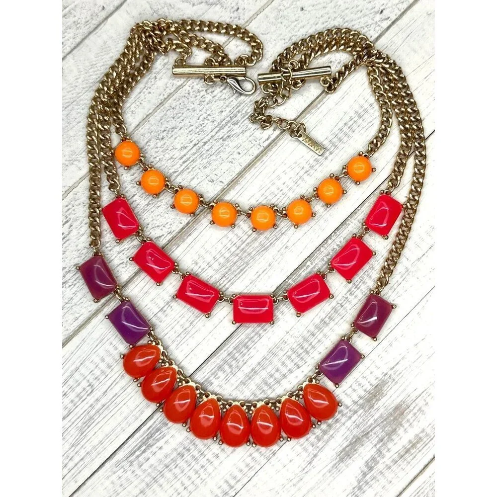 MIKA Statement Necklace Triple Layered Chunky Statement Gold Tone Coral Orange P